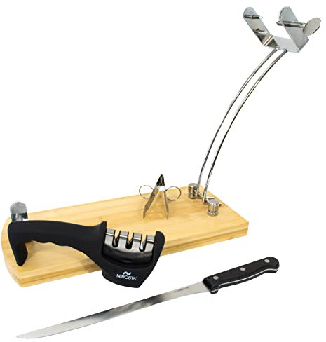 Fackelmann Set Soporte Jamonero Plegable de Bambú, incluye Cuchillo Jamonero Nirosta Mega 24/36 cm, Afilador de Cuchillos Nirosta 3 Pasos y Pinza para Jamón 11 cm de Acero Inoxidable…