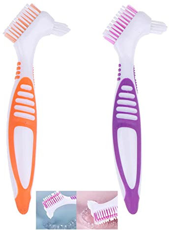 LacyMC 2 Stück Zahnbürsten Prothesen,Premium Gebissreinigungsbürsten-Set,Mehrschichtborsten und Esrgonomische Gummigriffe(Orange+Lila)