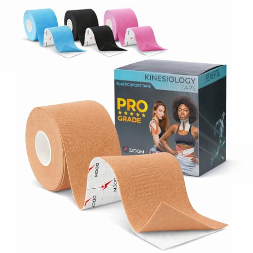 KinesioTape Professionale 5cm x 5m Idrorepellente Tape Kinesiologico in Cotone Traspirante Latex Free Colla Ipoallergenica Elasticità 140%-160% Cerotto Ginocchio e Articolazioni 1 Roll Pelle Scura