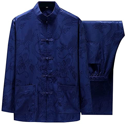 Chinese Martial Arts Uniform Tang Suit for Men Breathable Fabric Kung Fu Wing Chun Hanfu Traditional Suit (Blue, Medium)