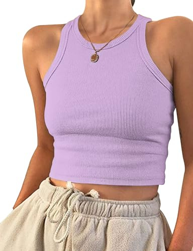 PLOKNRD Crop Tops Donna Canotta Senza Maniche a Girocollo Racerback Viola Chiaro L