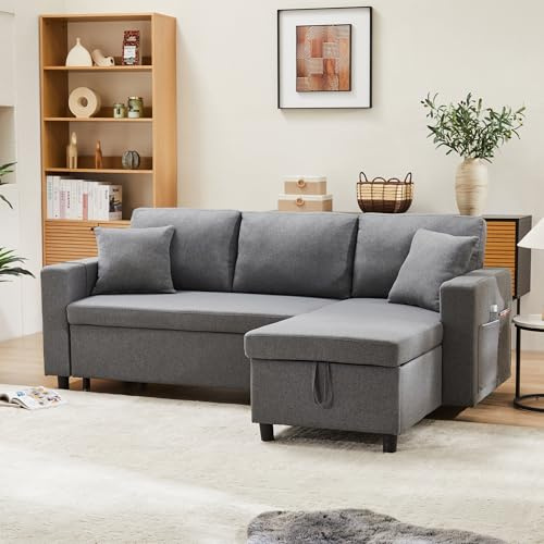 ZYLOYAL10 soffor med sovfunktion, modern design, stoppade möbler, sovsoffor med förvaringsutrymme, vardagsrumssoffor med schäslong, hörnsoffa (grå)