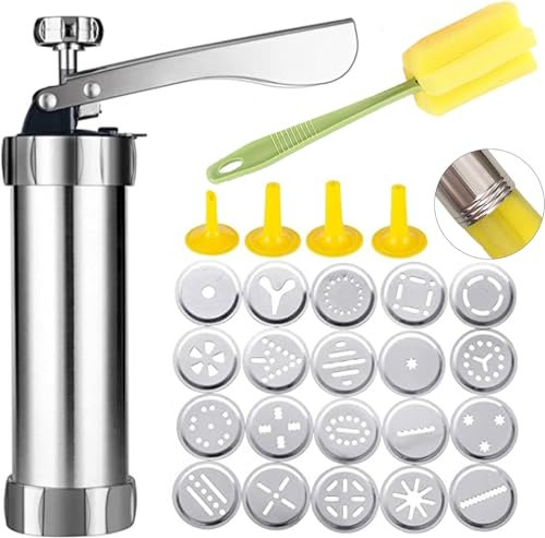 Spritz Cookie Press Gun Kit, Edelstahl Keks Presse Cookie Gun Set mit 20 Keksscheiben und 4 Düsen für DIY Keks Maker und Churro Maker