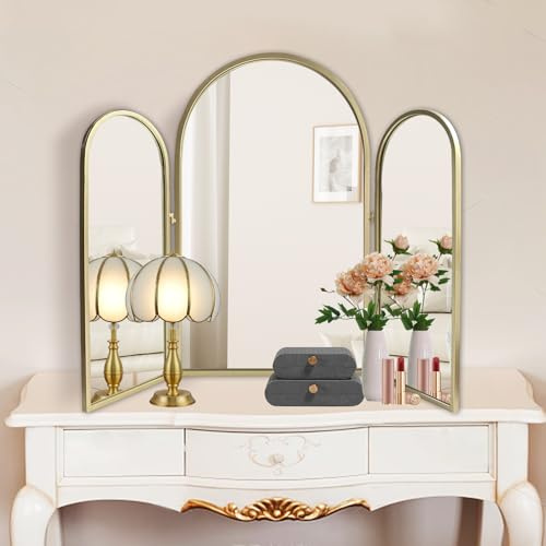 BAODANFU Dreifach gefalteter Kosmetikspiegel, 3 Wege, 76,2 x 94 cm, verstellbare Kosmetikspiegel für Badezimmer, Schlafzimmer, Champaign Golden Arch Spiegel, Wandmontage, Dekoration, Flechthaare,