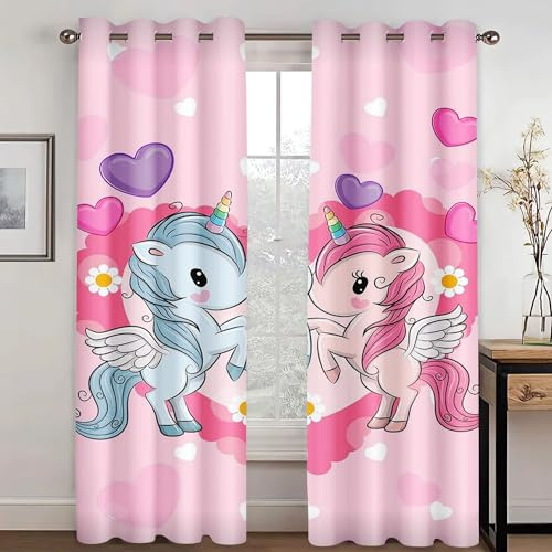 WEQEER Vorhänge Blickdicht Einhorn Verdunklungsgardine Karikatur Rosa Pferd Kinder Fenstervorhang Regenbogen Wolken drucken Vorhang für Kinderzimmer (5,150x166cm(2x75x166cm))
