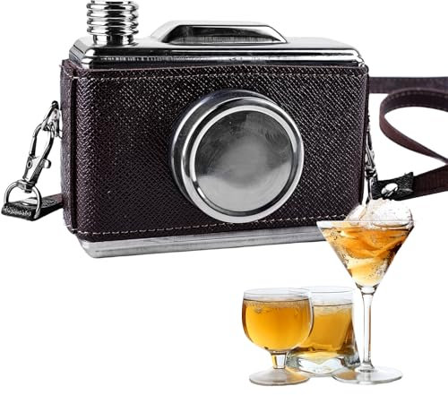 Flasque en acier inoxydable de 11 oz pour appareil photo : flasque en acier inoxydable avec bandoulière en cuir marron pour transporter de l'alcool, pour la randonnée, le mariage, le camping,