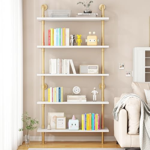 ORSENIGO 5-Tier Gold Ladder Shelf, Wall Mounted Bookshelf Rack, Industrial Bookcase with Metal Frame, Open Display Storage Shelf for Collection, Home Office