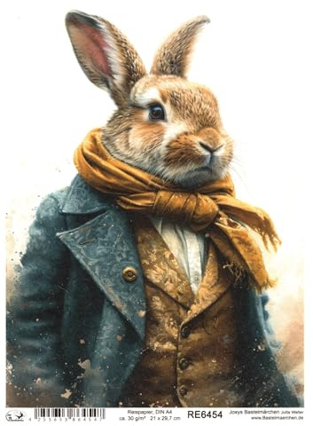 Josys Bastelmärchen Reispapier A4 Strohseide Decoupage Ostern Hase in Vintage Anzug RE6454