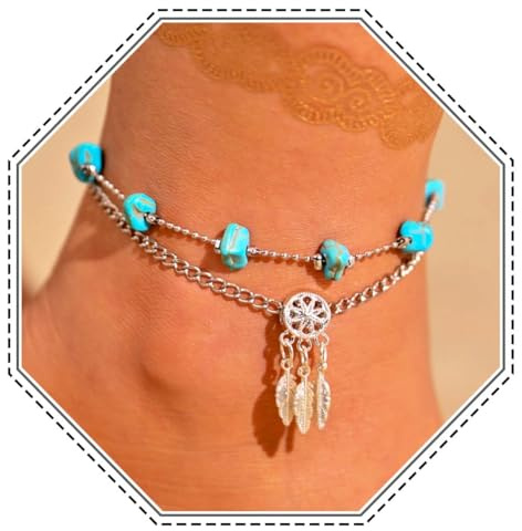 Jovono Boho-Fußkettchen in Türkis, silberfarben, geschichtet, Traumfänger-Fußkette, Strand, verstellbare Fußkettchen, Schmuck für Frauen und Mädchen