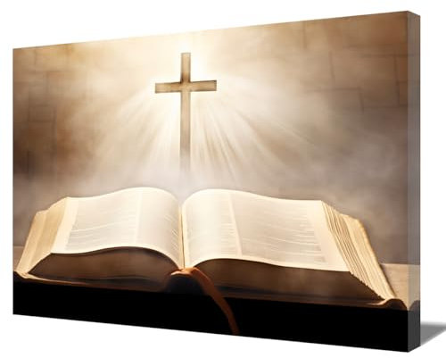 ZQQART Leinwandbild Jesus mit Kreuz Bibel und Kreuzgemälde Gott steht auf einem Sonnenblumenfeld inspirierendes Bild christliche Kirche religiöses spirituelles Dekor (Holy Bible,30x45cm)