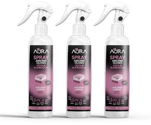 AURA| Pack 3 Aerosol Ambientador Spray Pulverizador Absorbe Malos Olores | Para Casa, Cocina, Baño, Coche | | Apto para Textiles |3x250ml | No Contiene Gas (PACK 3, Aroma a Limpio)