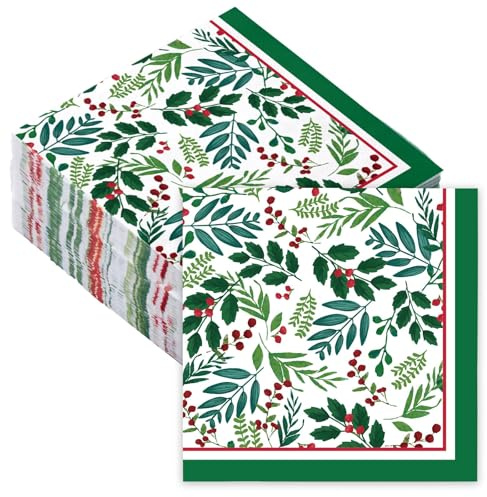 RUSPEPA 50 Servilletas Navideñas De Acebo - Servilleta De Cóctel De Papel Desechable De 3 Capas, Acebo - 12,7x12,7 Cm / 25x25 Cm (Desplegada)