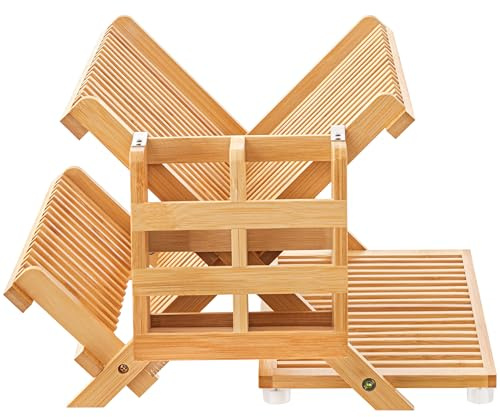 Oyydecor Abtropfgestell mit Utensilienhalter, 3 Ebenen, Bambus, zusammenklappbar, für Küchentheke, großer faltbarer Trockenhalter, Abtropfgestell, Küchenorganizer und Aufbewahrung
