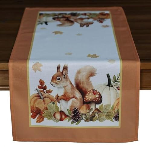 Tischdecke Mitteldecke Tischläufer Kissen Herbst Druckdesign Eichhörnchen mit Herbstfrüchten Terracotta bunt (40 x 90 cm)