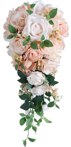 X-Institute Luxuriöser Seidenblumenstrauß in Tropfenform, zart, champagnerfarben, Tropfenform, Brautstrauß-Accessoire mit Blume