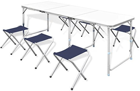 Xichuzi Klappbarer Campingtisch mit 4 Hocker Höhenverstellbar, Camping Tisch Stuhl Set, Picknick Set, Camping Sitzgruppe Klappbar, Picknick Tisch Und Stühle Klappbar, 180x60 cm