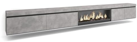 Skraut Home | Mueble TV | Televisión | Muebles de salón, almacenaje | 368x45x35 | Chimenea eléctrica XXL | Colgado, Suspendido | Estilo Moderno | Cemento