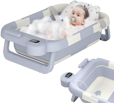 TWOLIIN Baby Badewanne mit Integriertem Thermometer und Kissen Faltbar Babywanne Klappbare Babybadewanne Duschwanne Rutschfeste Faltbadewanne für Neugeborene Kleinkinder (Typ B)