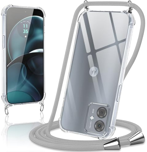 Coiwxmoi Funda con Cuerda para Motorola Moto G14 6,5,Carcasa Transparente Suave Silicona TPU Case con Ajustable Colgante Collar Correa de Cuello Cadena Cordón Protección Cover, Gris Claro
