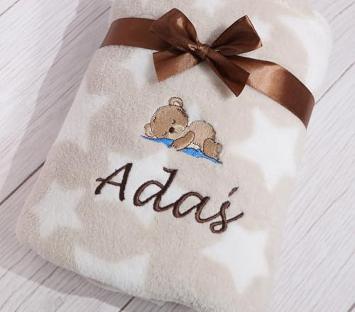 BotoBaby® Babydecke mit Namen Ecru Beige Sterne – personalisierte Kuscheldecke Bestickt, Geschenk zur Geburt Taufe Babyparty (Beige - Sternen)