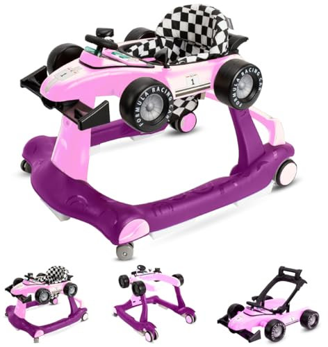 Girello bambino 3in1, primi passi Formula Racing, luce and Melodia, da 6 Mesi Fino a 12 kg, Seduta Imbottita, Rimovibile e Regolabile in Altezza (Rosa)