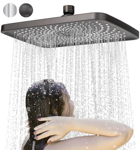 Tête de Douche Pluie Carrée Pomme de Douche Plafond Pommeau de Douche Pluie Tête de Douche Anti-Calcaire Douchette Plafond Universelle Facile à Installer (28 * 18.5cm, Gris)-F