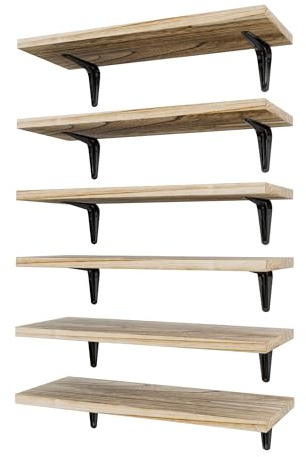 SKYSEN Floating Shelves for Wall Set of 6, 15.7in Wood Wall Shelf for Decor, Bathroom, Bedroom, Storage, Book,Kitchen, Living Room - Rustic Brown(fs-40-l)