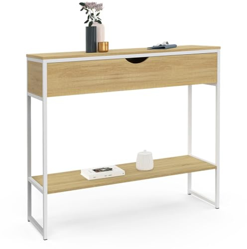IDMarket - Console Detroit 1 tiroir 1 étagère Design Industriel | Coloris bois et métal blanc