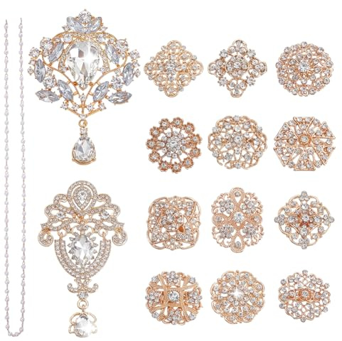 AHANDMAKER 14 broches de cristal, 14 estilos de insignias de diamantes de imitación con cadenas de cuentas de perlas de 0.5 yardas, pines de solapa brillantes para adorno, ramo de boda, dorado