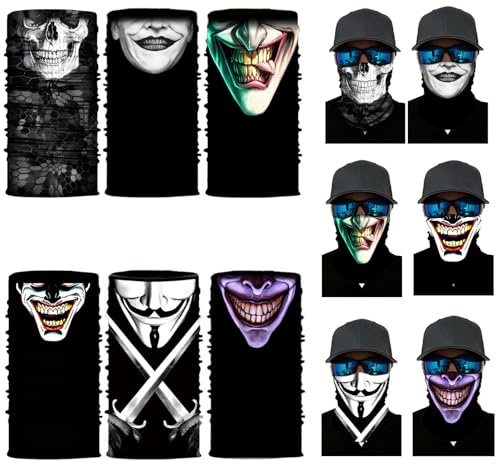 6 Stück Multifunktionstuch Totenkopf Multifunktionstuch Gesichtsmaske Motorrad Herren Schlauchschal Elastische Schlauchtuch Motorrad Sturmmaske Schwarz Halstuch für Halloween, Outdoor, Radfahren