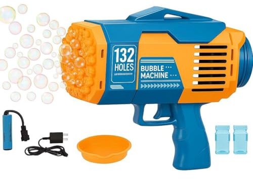 Seifenblasenpistole mit 132 Düsen und LED | Komplett-Set mit 2 Seifenblasenlösungen, Blasenschale, Aufklebern, Akku und USB-Kabel | über 10.000 Bunte Blasen pro Minute