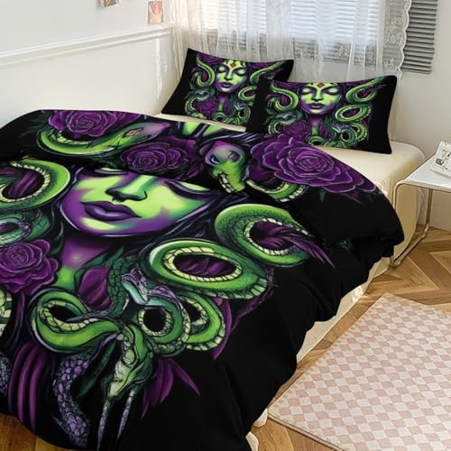 LGHKLVXPZE Bedding Set for All Seasons, Greek Goddess Snake Queen Medusa with Purple Rose Art 1 Duvet Cover and 2 Pillowcases, Funny Comfy Bed Sheet Sets for Theme Room -79×90
