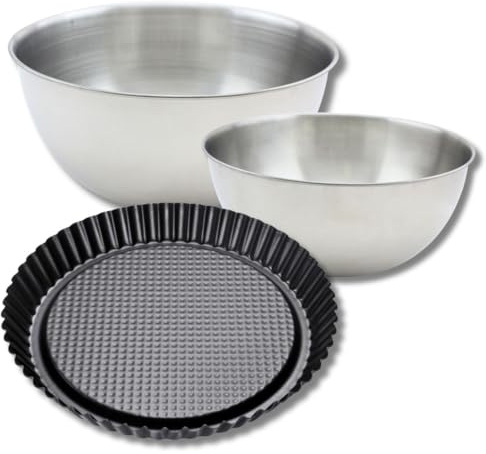 Zenker & Fackelmann 9363950 Moule à tarte renversée 30 cm, 2 Bols Mixer Inox 20,5 cm & 25 cm, Spatule Silicone Lila, 30 x 3 cm | 25 cm | 20,5 cm