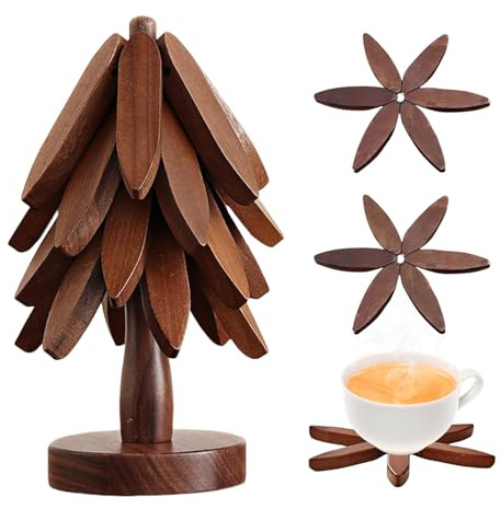 Lot de 4 Dessous de Plat en Bois pour Plaque Chaude - Support de Casserole et Théière Résistant à la Chaleur - Design Arbre Naturel - Protège Table Pliable et Lavable