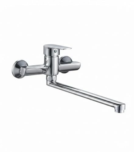 Rubinetto Miscelatore Monocomando a Muro per Cucina, Lavello o Lavatoio, con Canna Girevole Lunga e Snodabile, Finitura Cromata Lucida, Design Moderno ed Ergonomico
