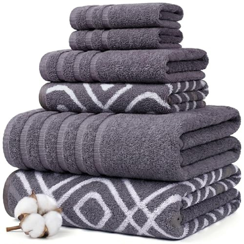Amrapur 6-Piece Yarn Dyed Oxford Stripe Jacquard/Solid Ultra Soft 550GSM 100% Combed Cotton Towel Set 6 Asciugamani Tinti in Filo Grigio Lavanda, Cotone, Singolo, 40.6 x 25.4 x 12.7 cm, 6 unità