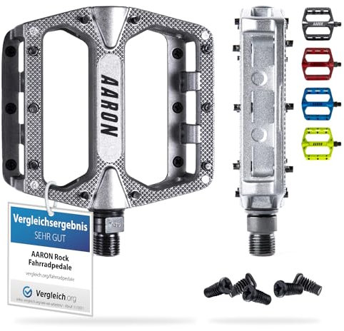 AARON Rock MTB Pedale aus Alu mit abgedichteten Industrie-Kugellager, rutschfest durch austauschbare Pins, Plattform Fahrradpedale für E-Bike, BMX, Trekking, grau