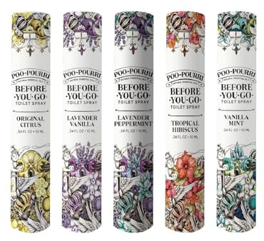 Poo-Pourri Before-You-Go Toilet Spray, Travel Essentials, .34 Fl Oz, In A Pinch Variety 5 Pack, Each Up to 20 Uses, On-The-Go Bathroom Odor Deodorizer with Essential Oils, TSA Approved Size, 5 Scents