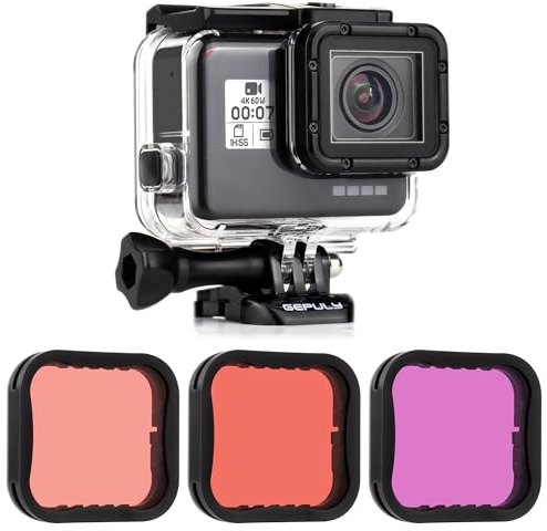 GEPULY Wasserdichtes Gehäuse mit Tauchfilter, super geeignet für GoPro Hero 7/6/5 Black, Hero (2018) Kamera – 45 m Unterwasserfotografie – mit roten, hellroten (Schnorchel) und Magenta-Filtern | 45 Meter Unterwasserfotografie mit Rotlicht- und Magenta-Filtern