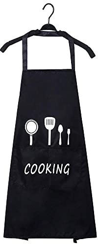 Schürze Schwarz, XCOZU Wasserdicht Kochschürze Schürze Frau Kochschürze Männer mit 2 Taschen, küchenschürze with Verstellbarem Nackenband für Herren und Damen Grillschürze latzschürze Restaurant