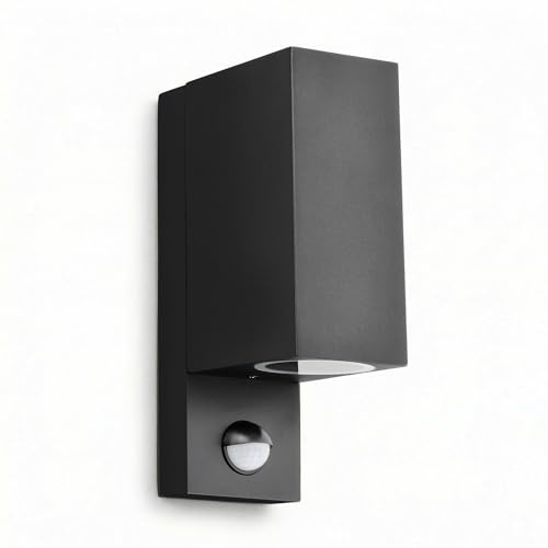 Maxkomfort Außenwandleuchte UP&DOWN Schwarz mit Bewegungsmelder, IP44 Wetterfeste Wandleuchte Außen für 2x GU10, Architektonische Outdoor Wandlampe aus Aluminium für Hauswand & Fassade