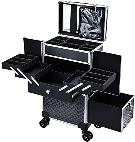 Adazzo Professional Makeup Artist Rolling Train Case Multi-functional Cosmetic Train Case Large Trolley Storage Case for Nail Technicians Cosmetology Case with Compartments for Hairstylist (Black)