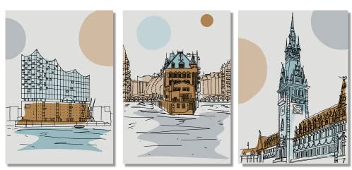 Vacentures® Premium Poster Set – Stadt Motive - Bilderwand für dein Zuhause – 3x DIN A4 ohne Bilderrahmen (21x30 CM, Hamburg)