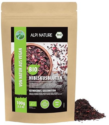 Alpi Nature Hibiscus BIO Tisane 100g, Fleurs et Pétales d'Hibiscus Séchés et Coupés, Thé en Vrac