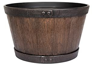 Lightweight Recycled Plastic Garden Pot Planter with Drainage Holes | UV Resistant & Frostproof | Oban Dark Oak Whiskey Barrel 39cm