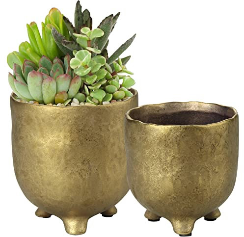 Set of 2 Vintage Plant Pots Indoor, Ceramic Plant Pot Plant Pots with Legs Gold Flower Pot Decorative Garden Planters for Mini Plant Succulent Orchid, Footed Small Plant Pot 10.5/13.5CM