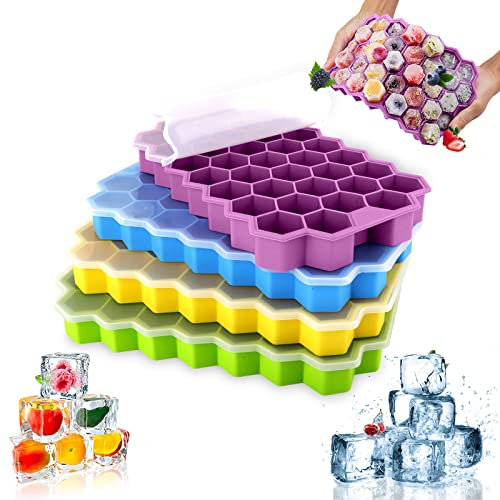 4 Pezzi Stampo Ghiaccio con Coperchio,Stampo Ghiaccio Silicone,Vassoio per Cubetti di Ghiaccio a 37 Scomparti,Vassoi per Cubetti di Ghiaccio Impilabili per Cocktail, Cioccolato, Crema, Succo