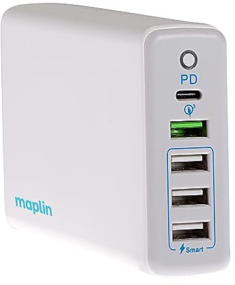 Maplin 5 Port USB Charger 4x USB-A & 1x USB-C 60W PD QC 3.0 High Speed, 1.6m Cable, for iPhone 15/14/13/12/11/SE/X/XS/XS MAX/XR/8, Samsung & more