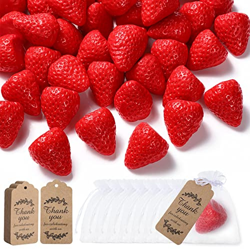 Loopeer Erdbeer-Seifen für Babypartys, handgefertigt, duftende Erdbeerseife mit Dankeskarten, Organzabeutel für Babyparty, Gastgeschenk, Geschenk für das Geschlecht, 48 Stück