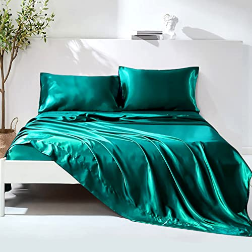 Wotcsil 4 Pezzi Completo Lenzuola Raso Matrimoniale Set Tinta Unita Biancheria da Letto Satin 200x200+Angolo 36 cm con Lenzuolo Sopra, Lenzuola Sotto con Angoli, 2 Federa, Verde Acqua